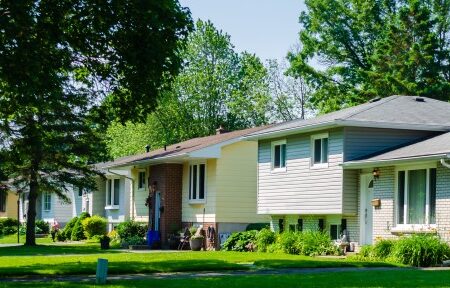 Photo: Panorama de petites maisons de banlieue ensoleillées dans une rue bordé d'arbres en été
