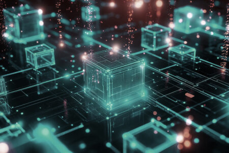 Abstract visuals of blockchain technology in business, featuring