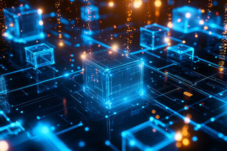 Abstract visuals of blockchain technology in business, featuring