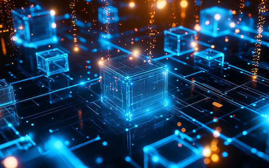 Abstract visuals of blockchain technology in business, featuring