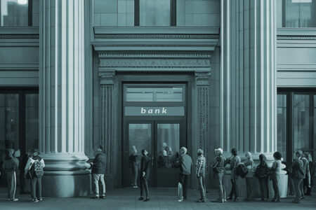 People queuing in front of the bank door - AI Generated