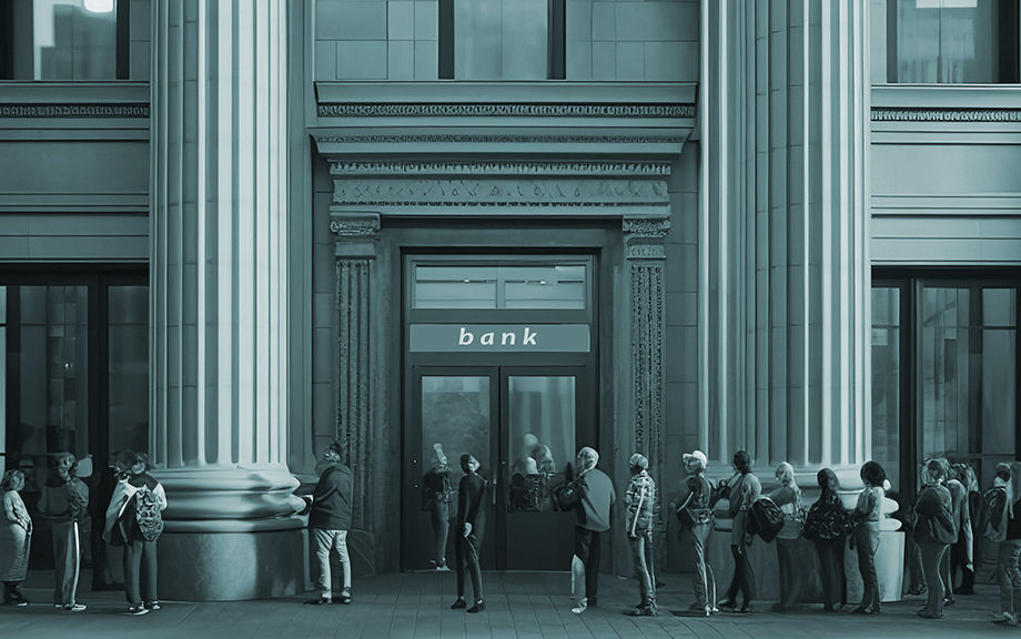 People queuing in front of the bank door - AI Generated