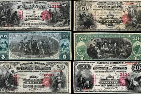 The first issue of National Bank Notes. Original and series 1875. Rendered in decorative design for different values from $1 to $1000. Black and white on the front and green on the back side.