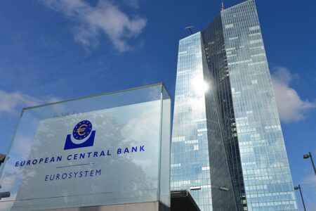 Frankfurt, Hesse / Germany - May 16, 2018: Sign at the entrance of new European Central Bank headquarters in Frankfurt, Germany - the ECB is the central bank for the euro