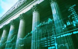 Financial stability: A classic bank building with columns, financial symbols, and charts, showcasing the reliability and trustworthiness of a bank