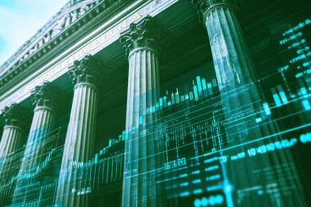 Financial stability: A classic bank building with columns, financial symbols, and charts, showcasing the reliability and trustworthiness of a bank
