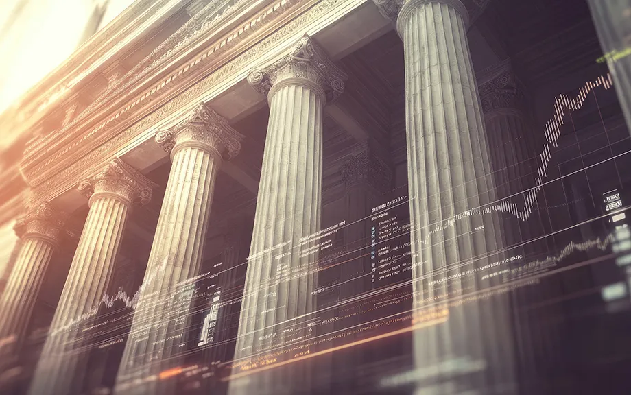 Financial stability: A classic bank building with columns, financial symbols, and charts, representing the concept of financial stability and security.