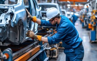 Engineer worker in automotive factory car manufacturing process, assembly line production