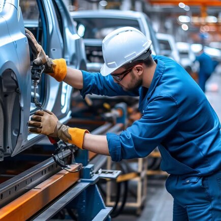 Engineer worker in automotive factory car manufacturing process, assembly line production