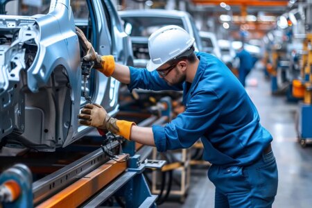 Engineer worker in automotive factory car manufacturing process, assembly line production
