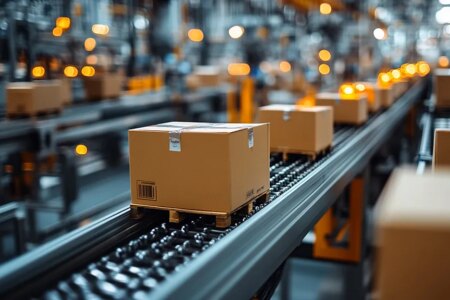 Precision on the Production Line: Cardboard boxes traverse a mod