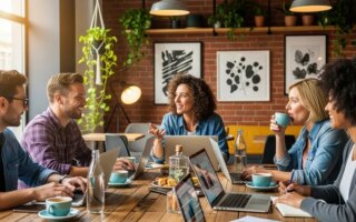 A group of diverse people working together at a table in a cafe