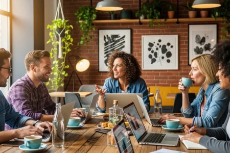 A group of diverse people working together at a table in a cafe