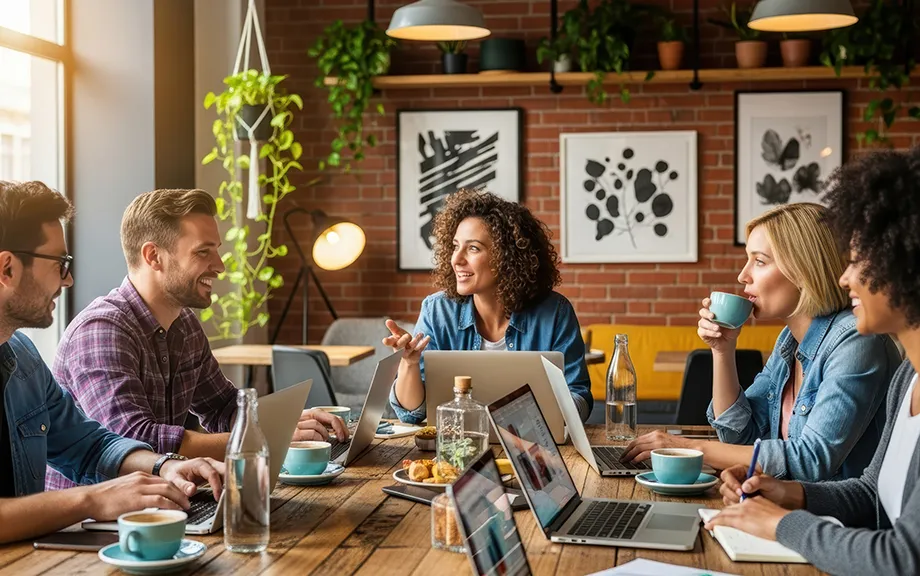 A group of diverse people working together at a table in a cafe