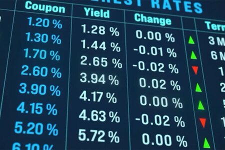 Image of a bond market yields, fixed-income securities, mortgage rates monitor.