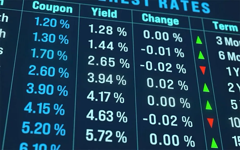 Image of a bond market yields, fixed-income securities, mortgage rates monitor.