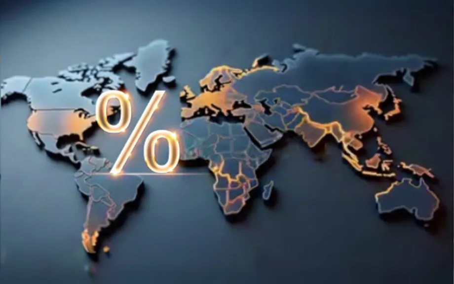 Illustration of a flat world map with a percent sign between north america continent and europe/africa continents. Colored in dark blue and golds.