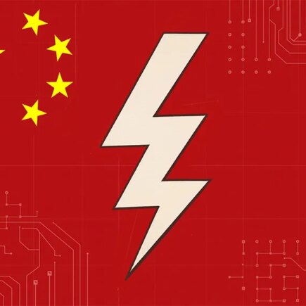 AI generated image: red background with yellow stars similar the China flag in the top left corner, white lightning bolt in the center of the image and white grid lines in the top right, bottom left and right of the image.