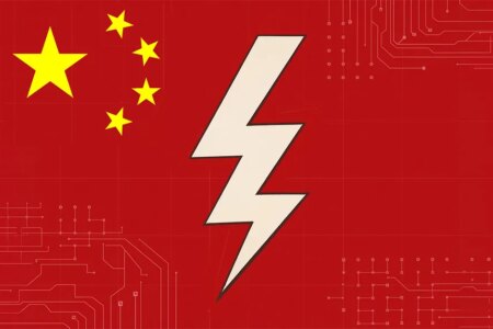AI generated image: red background with yellow stars similar the China flag in the top left corner, white lightning bolt in the center of the image and white grid lines in the top right, bottom left and right of the image.