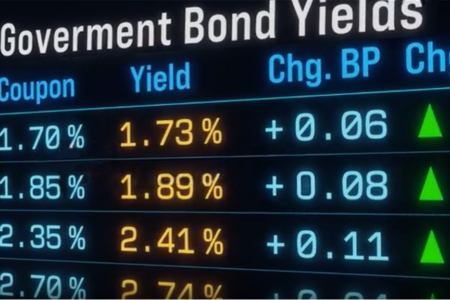 image of Government bond yields moving up, bond trading, yields, interest rates. Table with market data, investment opportunities, financial markets, trading, debt, analysis.
