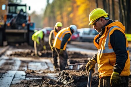 Road construction with view of two human workers beyond road mac