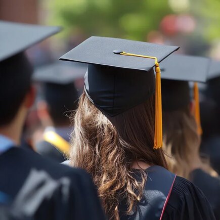 Image of back of college students in cap and gowns
