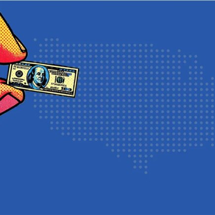 AI created illustration of a forefinger and thumb holding a tiny 100 dollar bill U.S. Map of the U.S. on a blue field in the background. Done in Pop Art style.