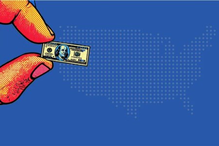 AI created illustration of a forefinger and thumb holding a tiny 100 dollar bill U.S. Map of the U.S. on a blue field in the background. Done in Pop Art style.