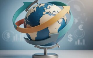 AI generated image of a globe with arrows showing cycles around it on a blue background with international currency symbols.