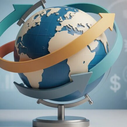AI generated image of a globe with arrows showing cycles around it on a blue background with international currency symbols.