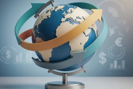 AI generated image of a globe with arrows showing cycles around it on a blue background with international currency symbols.