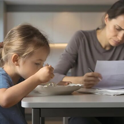 AI generated image of a young mother sitting at a kitchen table looking concerned as she pours over bills. Her young daughter is eating a small portion of food from a white plate next to her at the table.