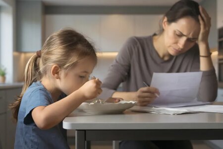 AI generated image of a young mother sitting at a kitchen table looking concerned as she pours over bills. Her young daughter is eating a small portion of food from a white plate next to her at the table.