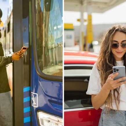 split image of two women: on the left an African American woman with cell phone boarding a bus; on the right, a Causasian woman leaning on a fancy red car looking at her cell phone and holding a coffee cup. She is at a gas statiion and the gas pumps are in the background.