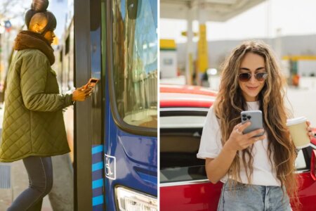 split image of two women: on the left an African American woman with cell phone boarding a bus; on the right, a Causasian woman leaning on a fancy red car looking at her cell phone and holding a coffee cup. She is at a gas statiion and the gas pumps are in the background.