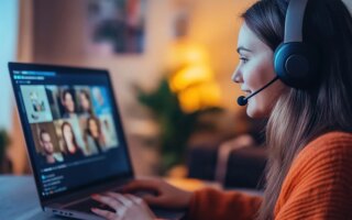 Photo of young caucasian woman working at her desk at home wearing a headsset and engaged in a videoteleconferencing call on her laptop computer.