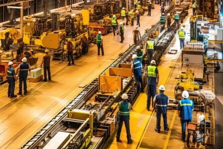 Top view of a bustling factory floor, workers in bright safety vests moving between rows of gleaming machinery , concept of Manufacturing processes and Productivity optimization, created with Generative AI technology