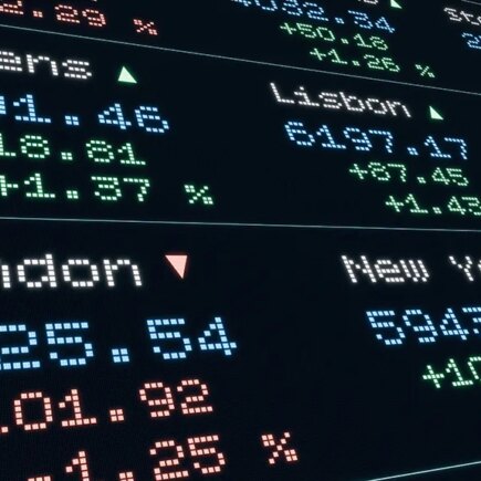Stock market and exchange, indices moving up and down, Athens, Lisbon, London, New York. Device screen, business, market data and trading information. Concept, 3D Illustration