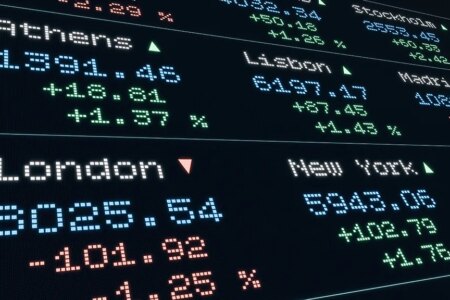 Stock market and exchange, indices moving up and down, Athens, Lisbon, London, New York. Device screen, business, market data and trading information. Concept, 3D Illustration