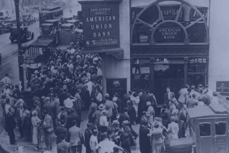 Black and white photo of a bank run on the American Union Bank which collapsed and went out of business on June 30, 1931.