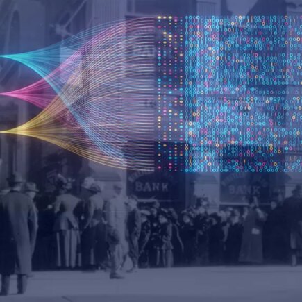 Created image of an early 20th Century bank run with pink, blue and yellow flow concept. Querying, analysing, visualizing neural network for artificial intelligence. Data mining.