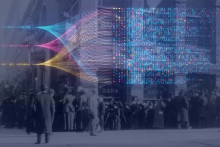 Created image of an early 20th Century bank run with pink, blue and yellow flow concept. Querying, analysing, visualizing neural network for artificial intelligence. Data mining.