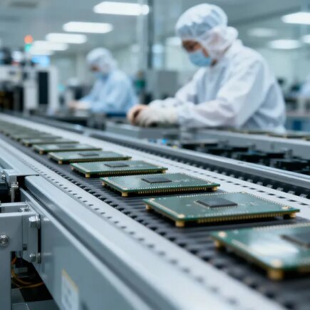 Workers on a production line in white protective gear assembling semiconductors on memory boards that are moving on a conveyor belt.