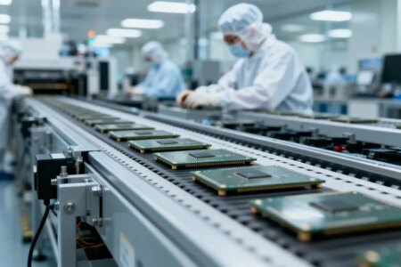 Workers on a production line in white protective gear assembling semiconductors on memory boards that are moving on a conveyor belt.