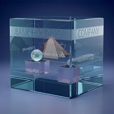 AI generated image of a glass square vessel with glass squares and pyramid inside with the words Bank Holding Company on the large vessel and insurer, fintech and broker-dealer on the small glass items inside it.
