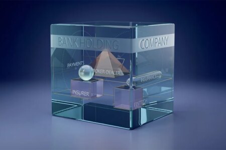 AI generated image of a glass square vessel with glass squares and pyramid inside with the words Bank Holding Company on the large vessel and insurer, fintech and broker-dealer on the small glass items inside it.