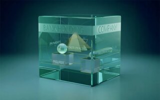 AI generated image of a glass square vessel with glass squares and pyramid inside with the words Bank Holding Company on the large vessel and insurer, fintech and broker-dealer on the small glass items inside it.AI generated image of a glass square vessel with glass squares and pyramid inside with the words Bank Holding Company on the large vessel and insurer, fintech and broker-dealer on the small glass items inside it.