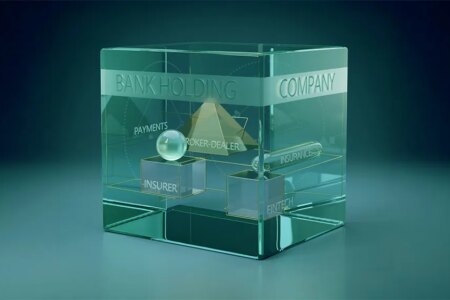 AI generated image of a glass square vessel with glass squares and pyramid inside with the words Bank Holding Company on the large vessel and insurer, fintech and broker-dealer on the small glass items inside it.AI generated image of a glass square vessel with glass squares and pyramid inside with the words Bank Holding Company on the large vessel and insurer, fintech and broker-dealer on the small glass items inside it.