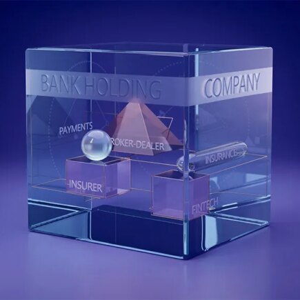 AI generated image of a glass square vessel with glass squares and pyramid inside with the words Bank Holding Company on the large vessel and insurer, fintech and broker-dealer on the small glass items inside it.