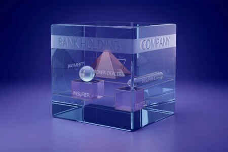 AI generated image of a glass square vessel with glass squares and pyramid inside with the words Bank Holding Company on the large vessel and insurer, fintech and broker-dealer on the small glass items inside it.
